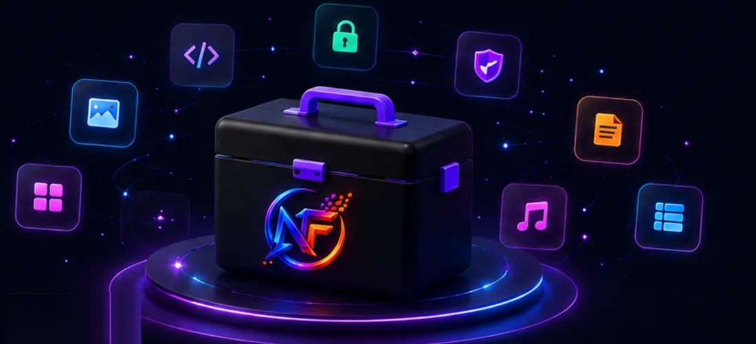 NexaForge Tools platform illustration: the NexaForge toolbox on a lit podium, surrounded by floating tool category icons