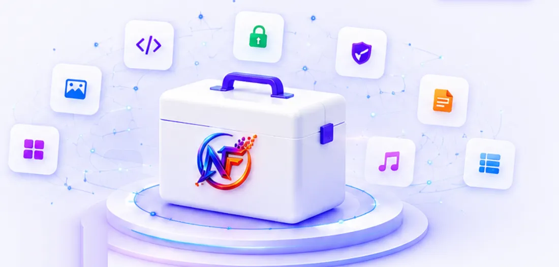 NexaForge Tools platform illustration: the NexaForge toolbox on a lit podium, surrounded by floating tool category icons